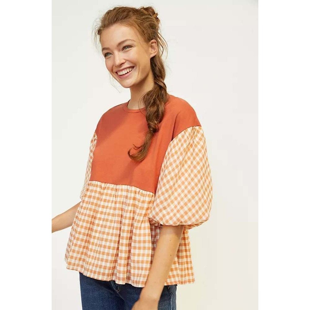 English Factory Enrica Plaid Peplum Top Medium Rust Orange Gingham Puff Sleeve‎